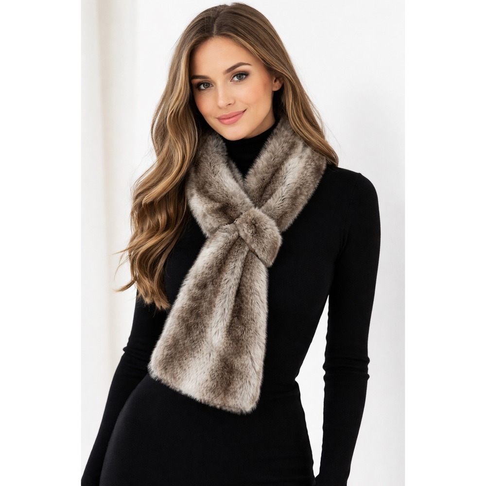 Women Brown Gray Striped‎ Faux Fur Scarf Stole Plush Velvet Backing Pull Through